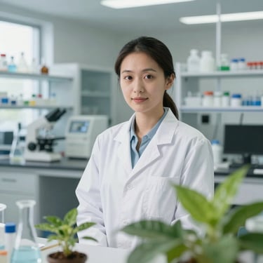 Professional portrait of a female plant physiologist in a modern laboratory, soft natural lighting