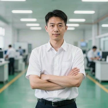 Professional portrait of an industrial operations manager on a clean manufacturing floor, confident stance