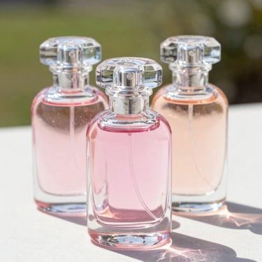 Frascos de perfume de vidrio transparente con líquidos rosados bajo la luz del sol brillante