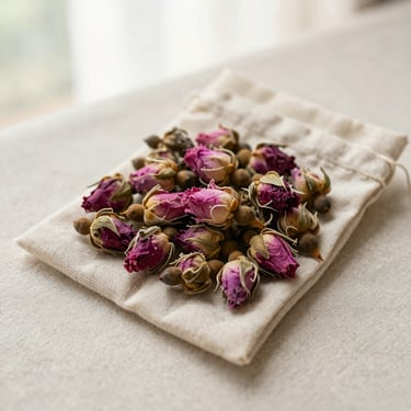 Overhead flat-lay of organic rosebud tea leaves in a small linen pouch, soft window light