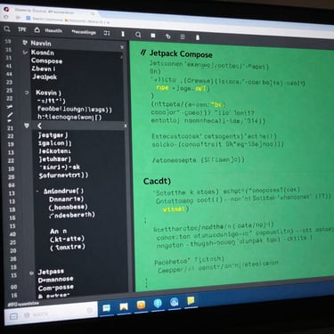Close-up of a clean IDE screen displaying native Kotlin codeblocks and Jetpack Compose layouts, illuminated by soft green and blue monitor glow