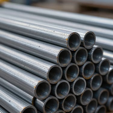 Macro detail of stacked steel round bars, industrial warehouse background, cool metallic tones