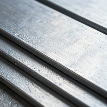 Polished metal sheets reflecting cool industrial light, macro detail of steel grain