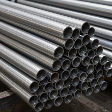 Seamless stainless steel pipes stacked in an industrial facility, high-contrast studio lighting
