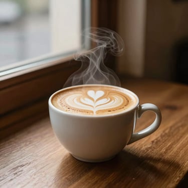 A double-shot latte in a ceramic cup on a wooden table, steam rising, warm ambient window light, 35mm