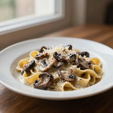 A plate of hand-rolled pasta with wild mushrooms and creamy sauce, garnished with parmesan, warm natural light, 35mm