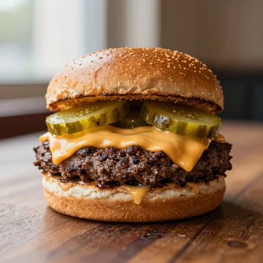 A juicy smash burger with melted cheddar and house pickles on a toasted brioche bun, warm side light, 35mm