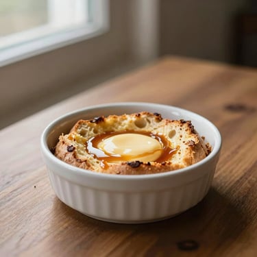 Warm sourdough bread pudding in a small ceramic dish, topped with vanilla custard and caramel, warm side light, 35mm