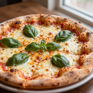 Close-up of a freshly baked margherita pizza with bubbling cheese and fresh basil leaves, warm side lighting, 35mm