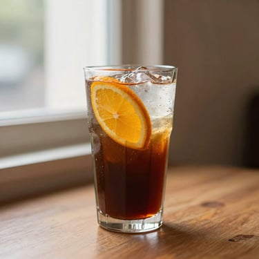 A tall glass of cold brew coffee with tonic water and a slice of orange, condensation on the glass, warm side light, 35mm