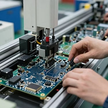 A high-speed SMT assembly line in a North American / US facility placing components onto a dark navy circuit board.