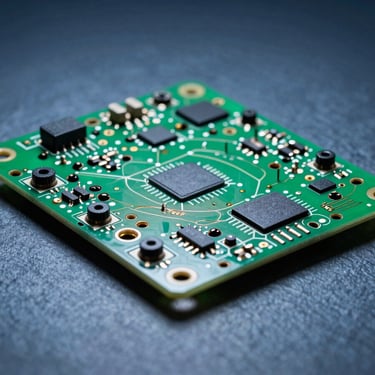 A finished PCBA board with precise soldering, photographed on a slate blue background with high-contrast lighting.