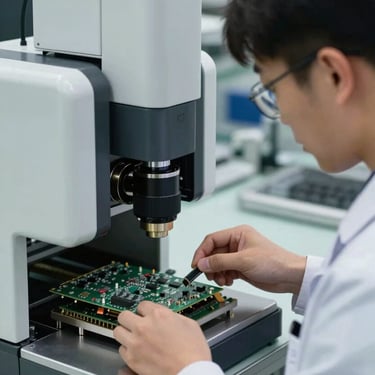 A quality control engineer in a North American / US facility using automated optical inspection equipment on a batch of PCBs.