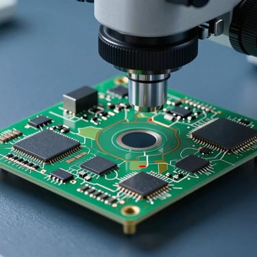 A cross-section view of a multilayer PCB under a high-tech microscope in a slate blue laboratory setting.