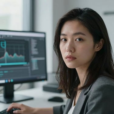 Close-up portrait of a female software architect in a modern workspace, cool screen glow, desaturated slate tones, 35mm lens.