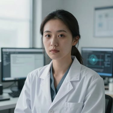 Close-up portrait of a female machine learning scientist in a clean workspace, cool screen glow, desaturated slate tones, 35mm lens.