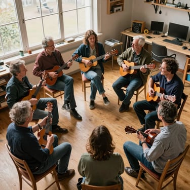 Overhead wide shot of a small workshop circle, six adults seated on wooden chairs with ukuleles in hand, soft north-facing daylight from tall windows illuminating the group from the left, faces relaxed and mid-conversation, instruments at various angles, a warm timber floor beneath them