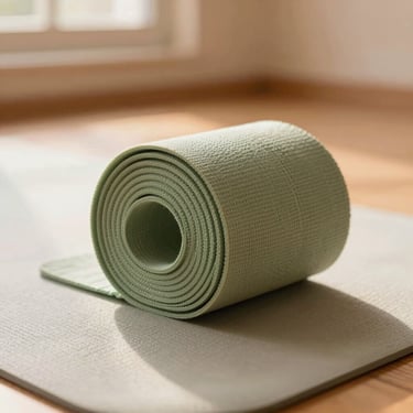 A rolled-up cotton stretching strap in a soft sage green color, resting on a light-colored yoga mat, warm natural light