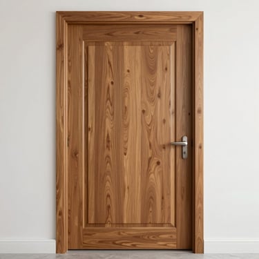 Straight-on architectural shot of a newly hung solid wood interior door, clean lines, perfect gaps