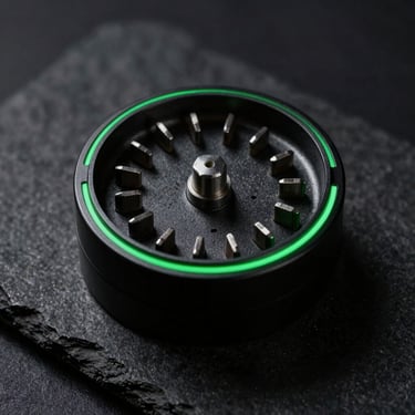 Heavy-duty matte black aluminum herb grinder, open to show sharp diamond-cut teeth, resting on dark stone, neon green accent light
