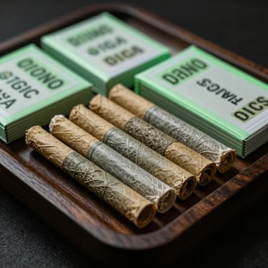 Pre-rolled organic hemp paper cones and classic paper packs arranged on a dark wooden tray, low-key lighting with a subtle green rim light