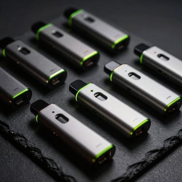 Sleek metallic disposable vape devices arranged neatly on a dark slate surface, dramatic low-key lighting with a vibrant neon green rim light, 50mm macro
