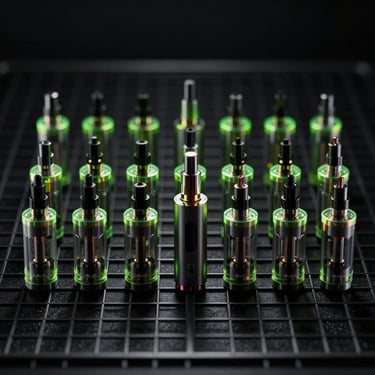 Replacement vape pods and mesh coils arranged in a precise flat-lay on a black metallic grid, moody studio lighting, neon green accents