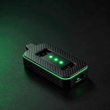 High-capacity rechargeable vape batteries and a smart dual-slot charger on a dark carbon fiber texture, green LED indicators glowing, moody lighting