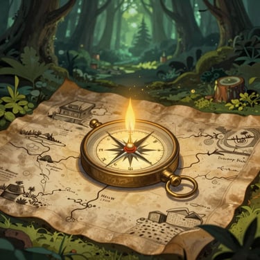 A glowing compass on an ancient parchment map, soft candle-light illuminating hidden paths, enchanted forest green tones, rich texture