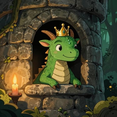 A friendly green dragon wearing a tiny gold crown, looking sheepishly out from a stone tower, soft warm golden hour light, hand-inked details, enchanted storybook style