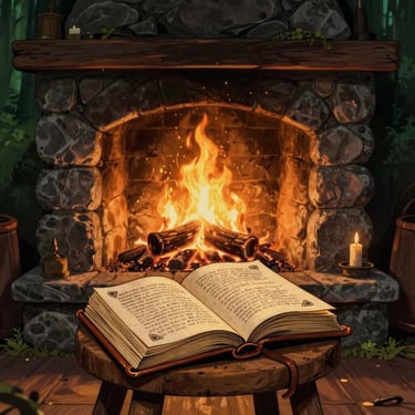 A warm stone hearth with a crackling fire, a leather-bound book open on a wooden stool, glowing golden embers, hand-inked details