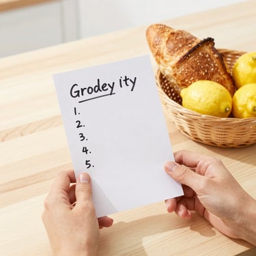 Hands holding a handwritten grocery list next to a basket of fresh sourdough bread and lemons on a bright wooden counter