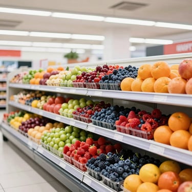 A bright modern supermarket aisle with colorful fresh berries and citrus fruits stacked neatly under high-key natural light