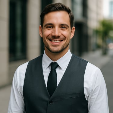 A professional portrait of a man in a modern, clean hospitality uniform, smiling with confidence. Natural lighting, urban background. North American / International style.