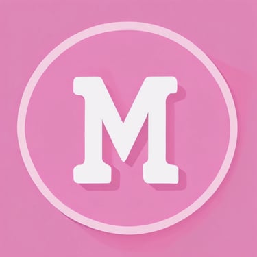 A pink circular icon featuring a white uppercase letter M in the center.
