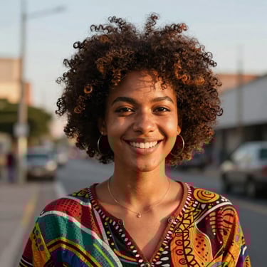 A headshot of a young activist smiling in a vibrant Afro-Latin American outdoor urban setting, warm sunset lighting.
