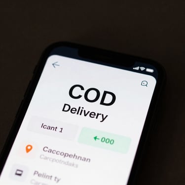 Macro close-up of a smartphone screen showing a successful COD delivery confirmation and instant cash reconciliation dashboard, clean dark UI, high contrast.