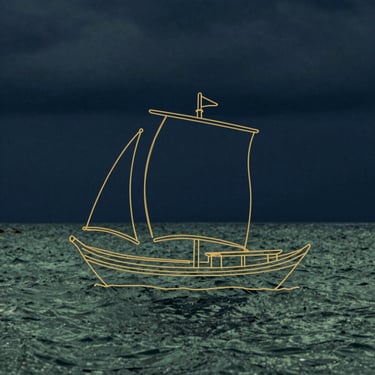 Minimalist elegant gold line art illustration of a traditional Acehnese sailing ship, dark navy background.