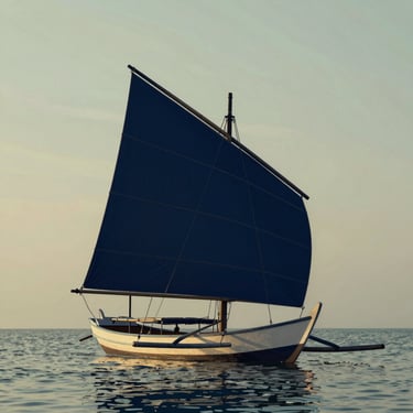 A minimal line art illustration of a traditional Acehnese sailing vessel with large sails, clean navy strokes on a solid light sage background.