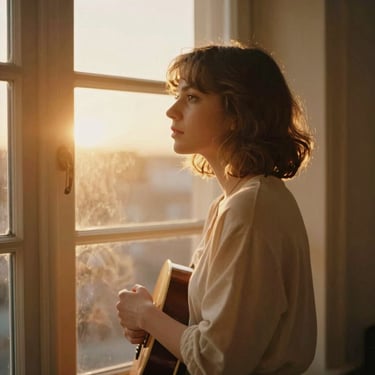 A warm golden-hour portrait of a singer-songwriter looking out a window, soft amber backlighting, vintage 35mm feel
