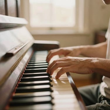 Hands playing an old upright piano, warm morning light streaming through dust motes, soft focus