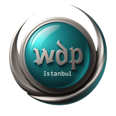 3D metallic logo design for WDP Istanbul martial arts school featuring turquoise sphere and silver crescent.