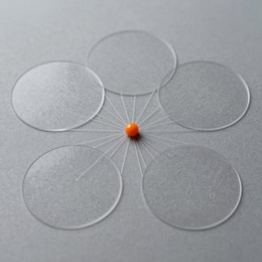 Overhead flat-lay diagram of five intersecting translucent geometric circles on a textured grey background, fine technical white lines mapping connections, a single bright orange dot at the absolute center, soft studio lighting.