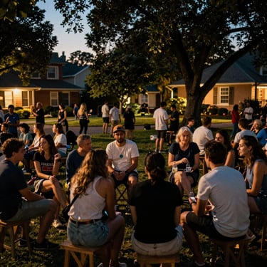 A vibrant outdoor community gathering in a neighborhood park, warm twilight lighting, people engaged in discussion