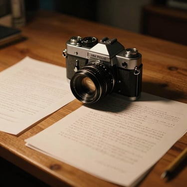 A vintage 35mm film camera resting on a wooden desk next to handwritten scripts, warm low-key lighting