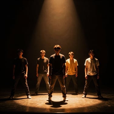 Actors performing on a dark theatre stage under a single dramatic amber spotlight, high contrast shadows
