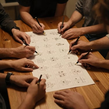 Hands of diverse participants collaborating on a storyboard layout on a wooden table, warm ambient lighting, candid workshop atmosphere
