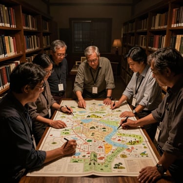 A group of cultural curators analyzing a map of local heritage sites in a dimly lit archive room