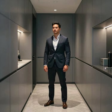 A successful North American / Miamian male professional standing in a sleek, modern apartment hallway with luxury gray cabinetry and elegant lighting.