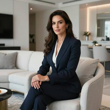 A sophisticated professional woman in elegant attire sitting in a modern North American / Miamian luxury living room with white and gray decor, exuding confidence and style.